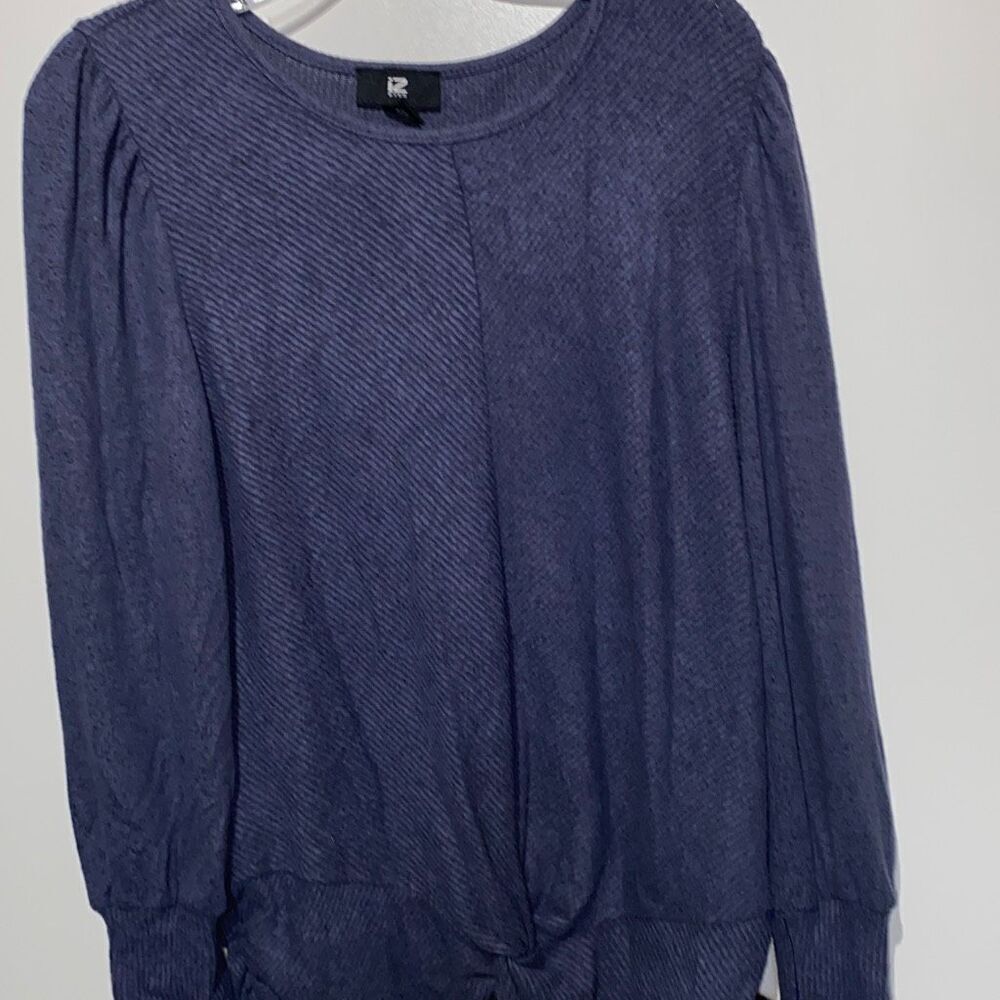 IZ Byer Women's Navy Twist Front Puffed Long Sleeve Denim Blouse Size XL‎ NWT
